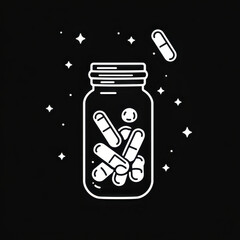 Jar of pills surrounded by scattered pills on black background.