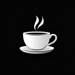 A steaming cup of coffee on a black background.