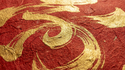Macro Texture of Traditional Red Chinese Paper with Abstract Gold Calligraphy Strokes