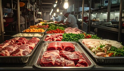 Abundance of fresh meat and produce in commercial kitchen.