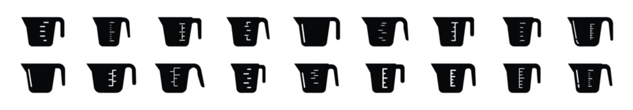 Collection of black   measuring cup silhouette isolated on white background. cooking vector illustration icons.