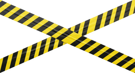 Yellow and black striped caution tape in a cross shape. Isolated on transparent background, png