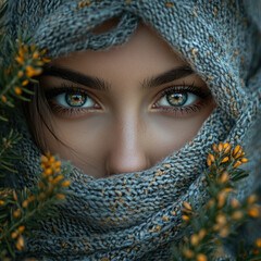 Woman with blue eyes wearing a head scarf.