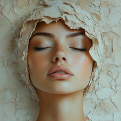 Woman with closed eyes, head covered in paper.