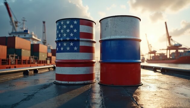 USA and Russia oil barrels sit side by side at a busy shipping port. Cargo ships and cranes suggest global energy trade and geopolitical dealings.