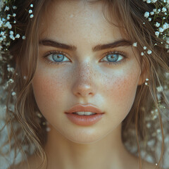 Beautiful young girl with blue eyes wearing a wreath of flowers.