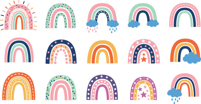 Set of hand drawn boho rainbow vectors with clouds stars and dots in pastel colors for nursery decor baby shower invitations and kids wallpaper design.