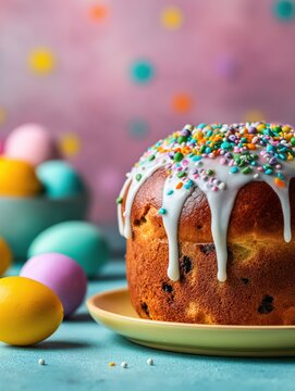 Delicious Easter Kulich Cake with Sprinkles and Colorful Decorations