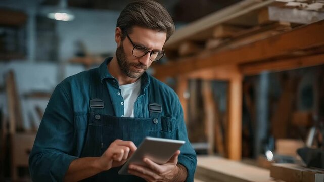 Carpenter with tablet in workshop planning furniture production, online research activity, serious entrepreneur with tech for inventory, project in small business, faceless