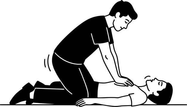 Vector illustration of a person performing CPR (Cardiopulmonary Resuscitation) on an unconscious patient, showing first aid emergency procedures and life-saving techniques.