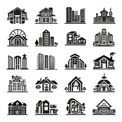 Set of vector illustrations of residential buildings and city architecture
