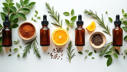 Amber glass dropper bottles hold various oils and herbal extracts. Fresh orange slices, rosemary sprigs, and bowls of spices surround bottles on white surface, creating natural wellness arrangement.