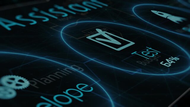 Agile project management with AI assistant, Project life cycle, conceptual animation (3d render)