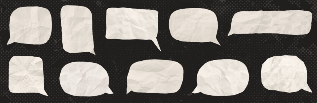 Scrapbook vector paper speech bubbles, halftone text boxes graphic design elements for collages and banners