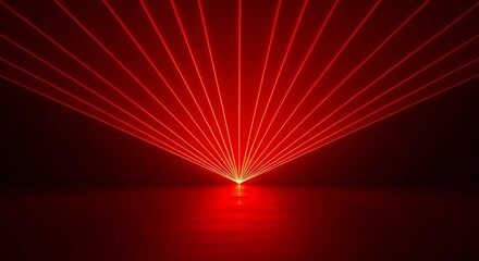 Vivid red laser beams converge from a point onto a reflective surface, dark background