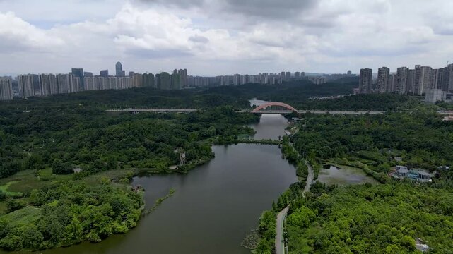 Guiyang Baihua Lake Aerial View with Red Bridge and City Skyline