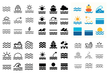 Nautical icons set: ships, waves, sun