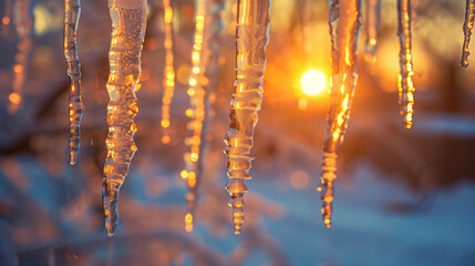 Naklejka premium Golden Sunset Light Through Crystal Icicles in Winter Close-Up
