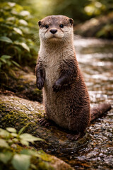 Obraz premium Eurasian Otter in Natural Habitat by Forest Stream