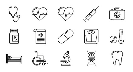 Medical icons including heartbeats syringes and pills line art silhouette © MSTMARIA