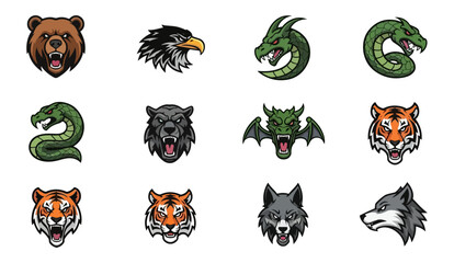 Animal head emblems set on black background for design