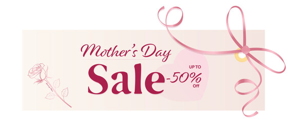 Mother&rsquo;s Day sale banner with 50 percent discount text, ribbon bow, heart shape and line rose illustration on light background.