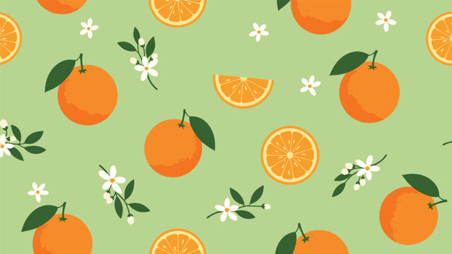 Seamless citrus pattern with whole oranges sliced pieces and small white flowers scattered over a soft green background texture for fabric.