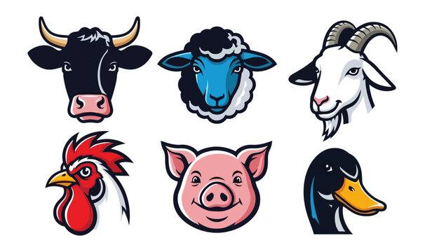 Farm animal head illustrations cow sheep goat rooster pig duck