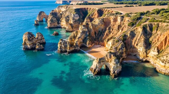 aerial view of praia do camilo in lasgos portugal video 