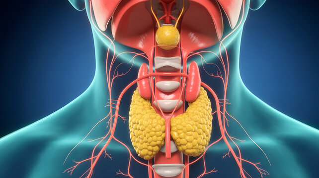 Highly detailed anatomical rendering of human endocrine system, showing pituitary gland, pineal gland, thyroid, parathyroid, adrenal glands, pancreas