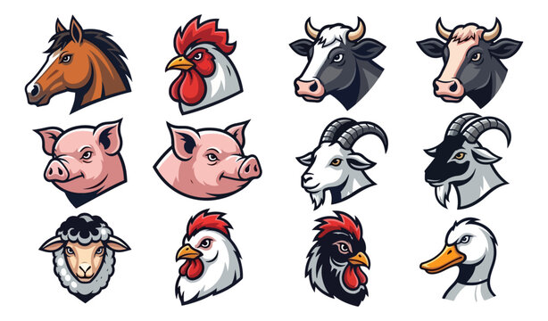 Farm animal illustrations horse rooster cow pig goat sheep and duck