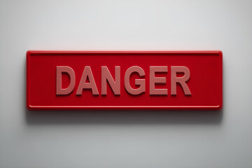 Niebezpieczeństwo, napis &bdquo;danger&rdquo; na czerwonym znaku, ostrzeżenie i alarm o zagrożeniu. Tabliczka na ścianie.