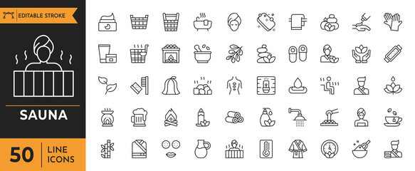 Sauna Outline icon set. Contain icons related to wellness, massage, sauna hat, relaxation, spa, heater, steam room and more. Editable stroke. vector illustration