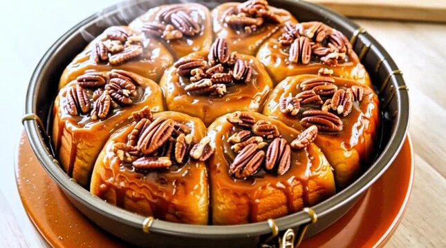 A fresh, golden-brown batch of pecan-topped cinnamon rolls sits in a baking dish, ready to be enjoyed.