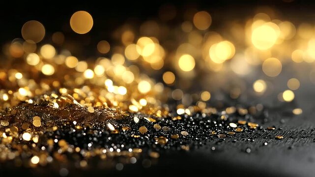 Gold and black image with abundant glitter, defocused luxurious glamorous aesthetic, metallic sparkle, opulent design, precious metal effect, with copy space