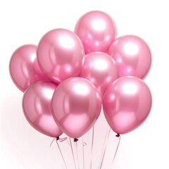 Shiny, pink balloons bunch together, floating against a plain white background