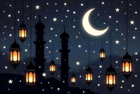 Christmas night cityscape with moon and snowy rooftops vector illustration