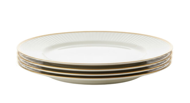 Stack of four white plates with gold trim isolated PNG, elegant dinnerware for special occasions and formal dining on transparent background