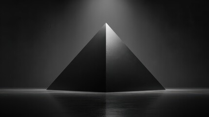 Fototapeta premium Minimalist matte black pyramid on a dark reflective surface in a moody studio