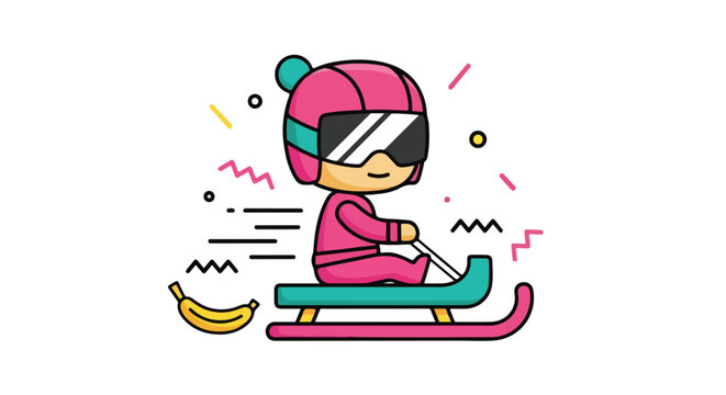 Cute cartoon character in pink ski suit and helmet sledding on a colorful sled, winter sport fun, isolated on white background