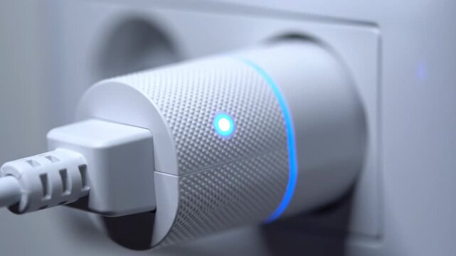 Smar tplug adapterr plugged into a wall socket with blue indicator light  