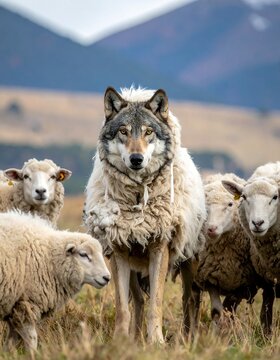 Wolf stands amid sheep, disguised in fleece, mountains behind