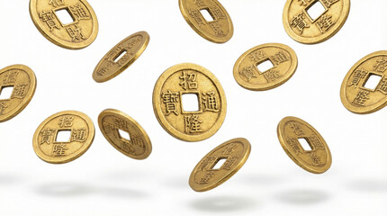 Falling Traditional Chinese Brass Feng Shui Coins on White Background