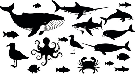 Collection of black marine animal silhouettes vector illustration featuring whale shark dolphin octopus and crab isolated on white background © MDBABUL