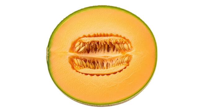 Half cantaloupe PNG isolated on transparent background, fresh orange melon with seeds for healthy eating and summer fruit concepts