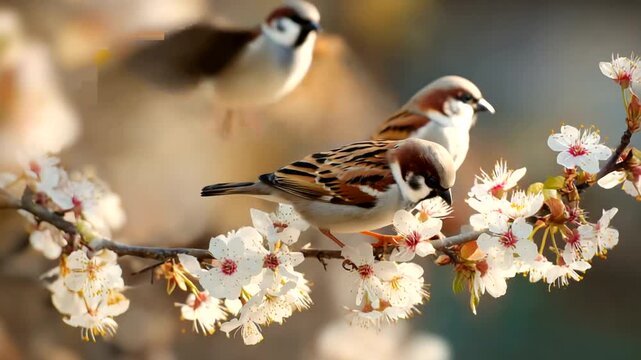 Two Sparrows Perched on a Blossoming Branch in Springtime.