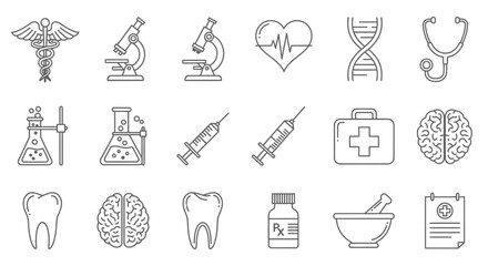 Fototapeta premium Collection of medical and scientific line icons including caduceus, microscopes, heart, DNA, stethoscope, syringes, first aid kit, brain, teeth, medicine, and lab equipment.