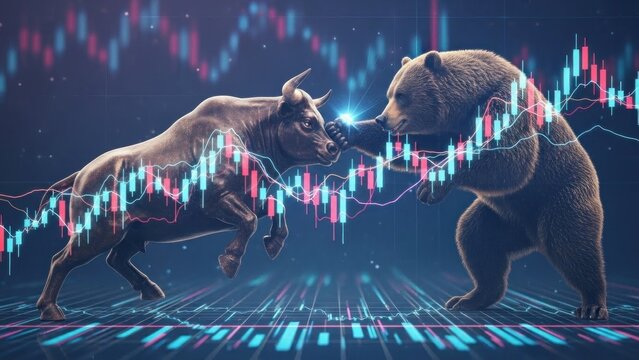 Two bears fighting on a digital screen with financial charts in the background.