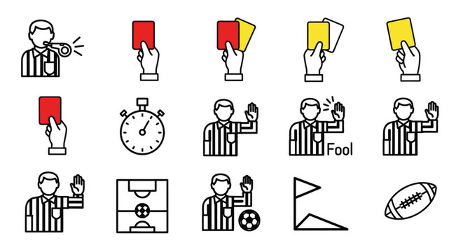 Collection of referee sports icons depicting various actions and equipment on isolated white background