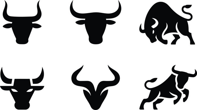 Collection of diverse black bull and ox head icons and silhouettes representing power and strength